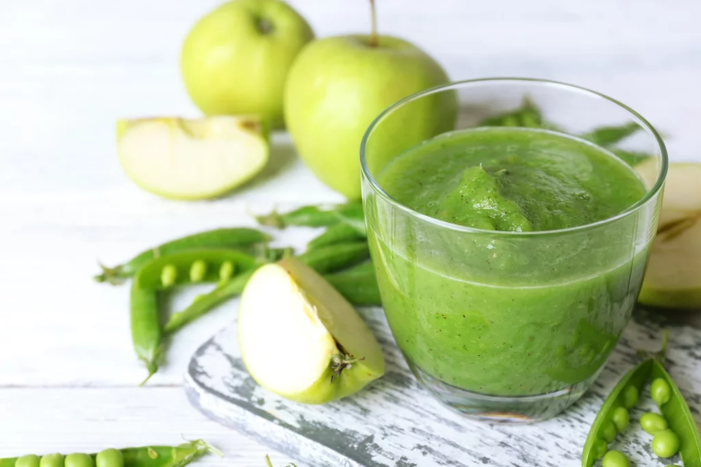 Green smoothie, apples, and some split peas